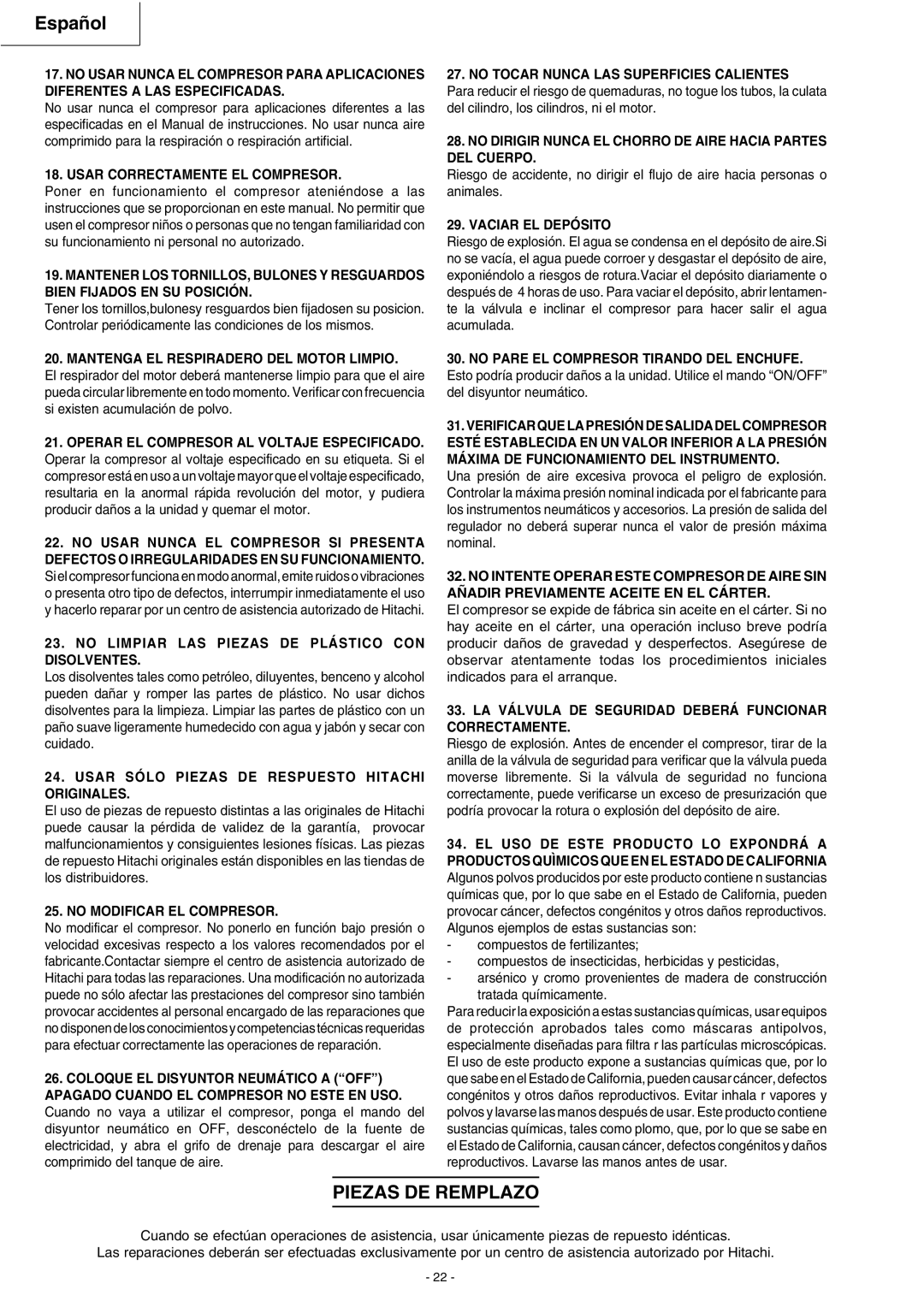 Hitachi EC 119SA instruction manual Piezas DE Remplazo 