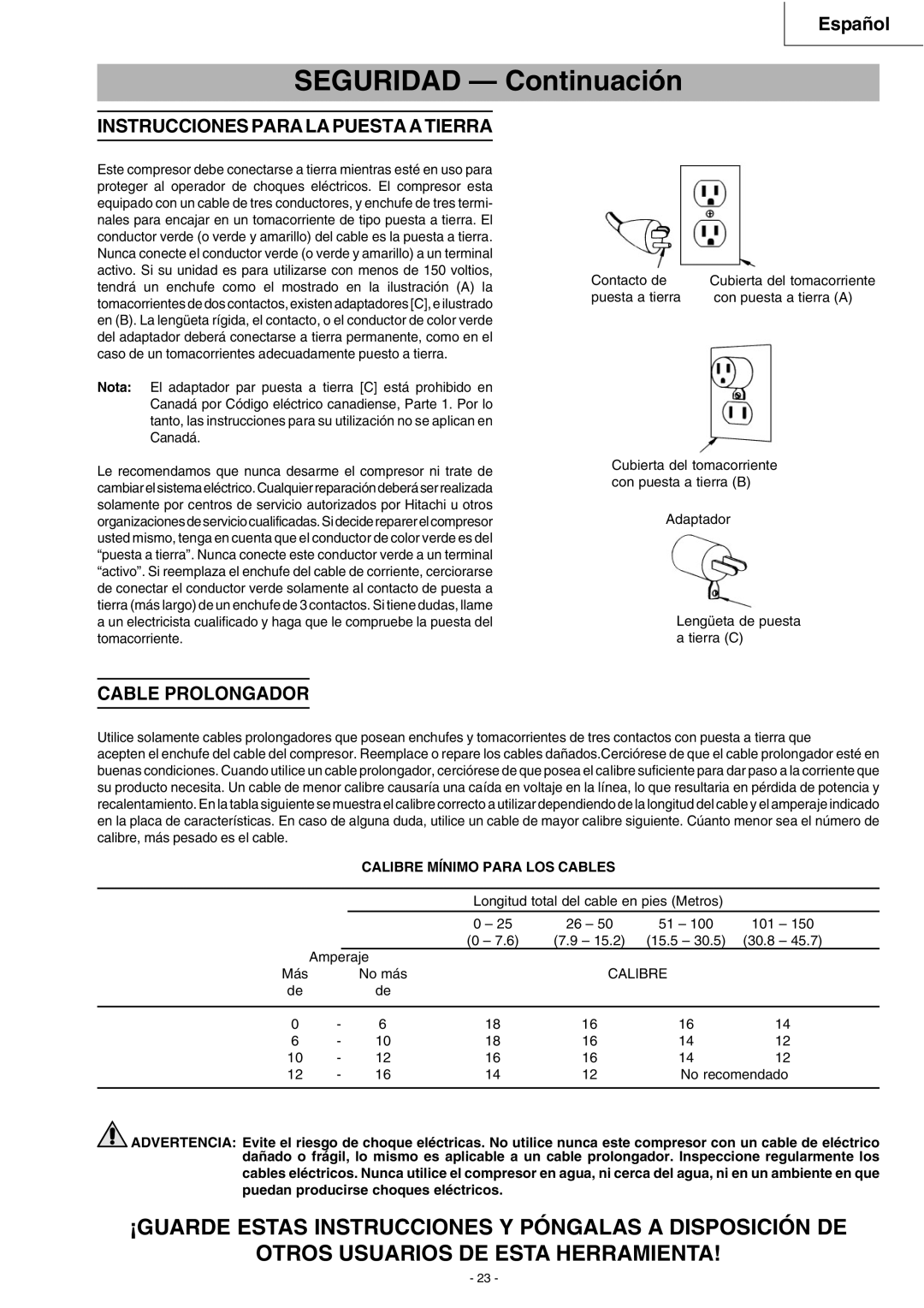 Hitachi EC 119SA Instrucciones Para LA Puesta a Tierra, Cable Prolongador, Calibre Mínimo Para LOS Cables 