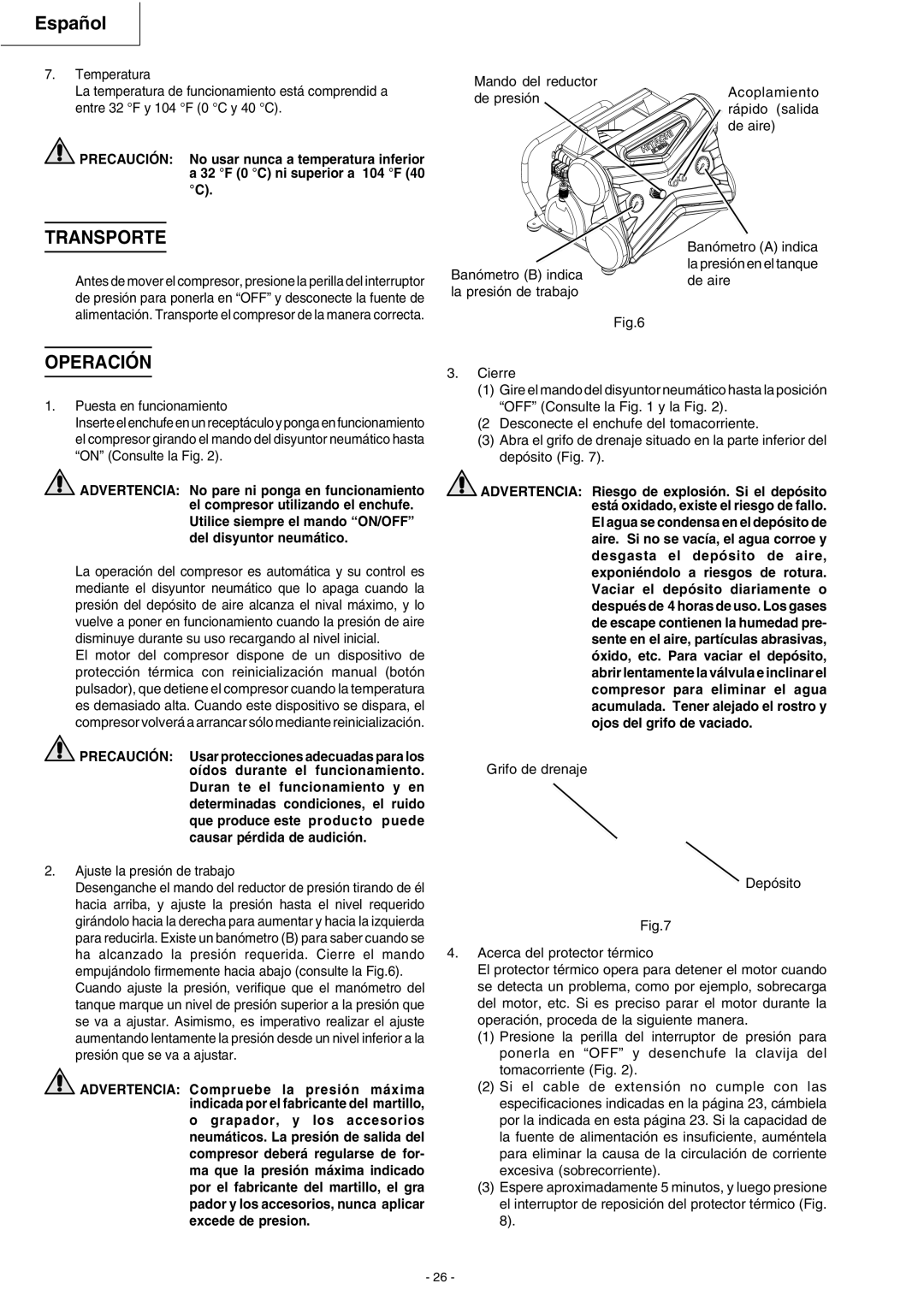 Hitachi EC 119SA instruction manual Transporte, Operación, Ajuste la presión de trabajo 