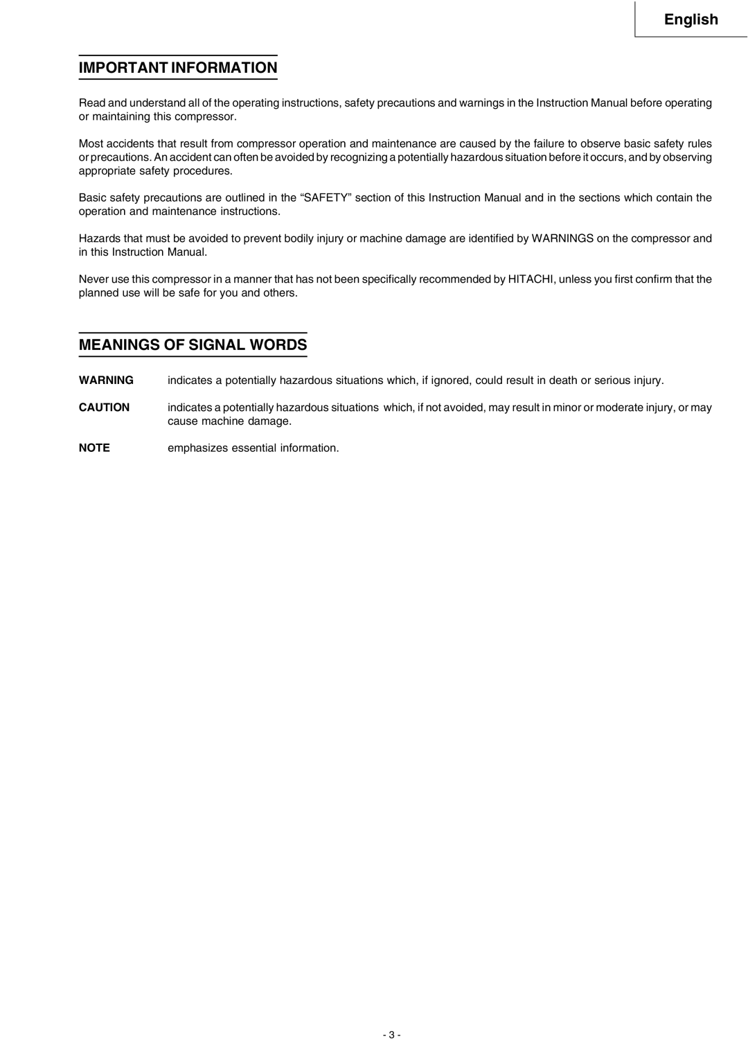 Hitachi EC 119SA instruction manual Important Information, Meanings of Signal Words 