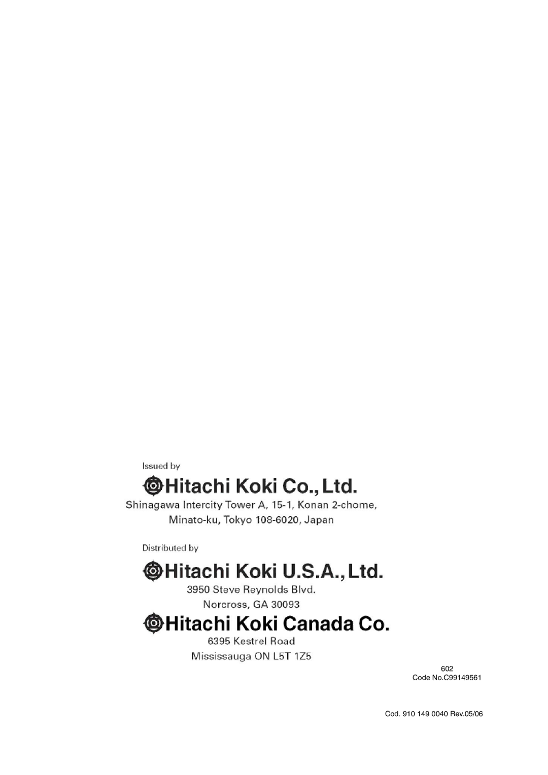 Hitachi EC 119SA instruction manual Code No.C99149561 Cod 149 0040 Rev.05/06 