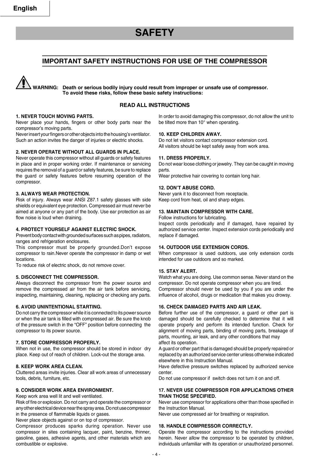 Hitachi EC 119SA instruction manual Important Safety Instructions for USE of the Compressor 