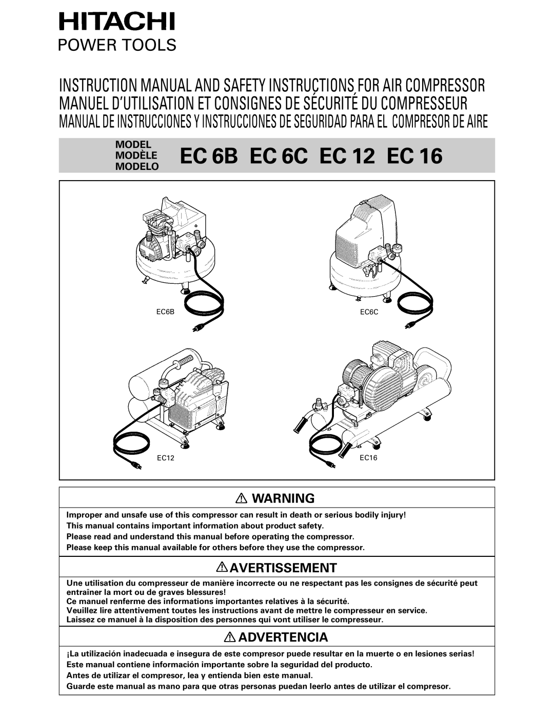 Hitachi EC 16 instruction manual Modèlemodelo EC 6B EC 6C EC 12 EC, Avertissement 