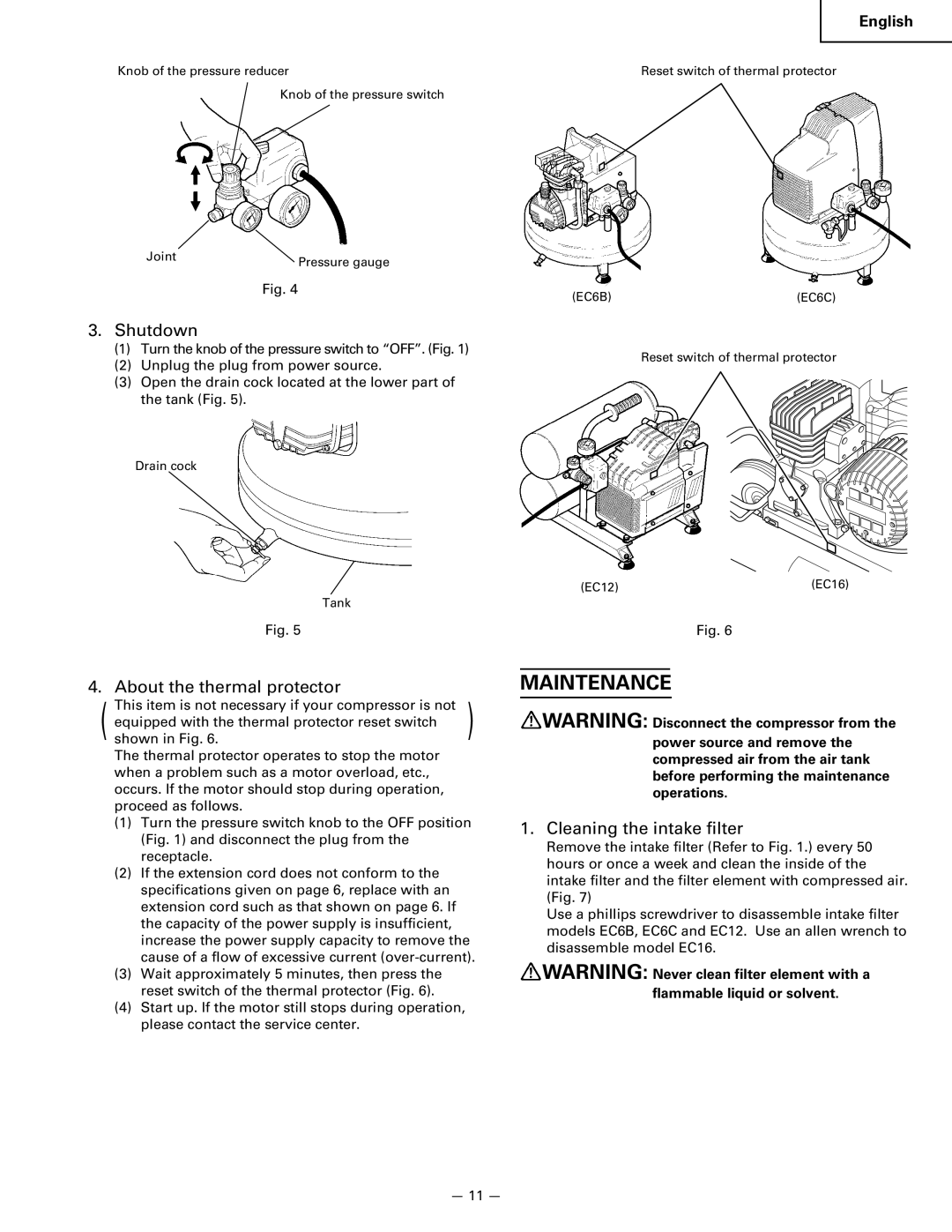 Hitachi EC 6C, EC 12, EC 16, EC 6B Maintenance, Shutdown, About the thermal protector, Cleaning the intake filter 