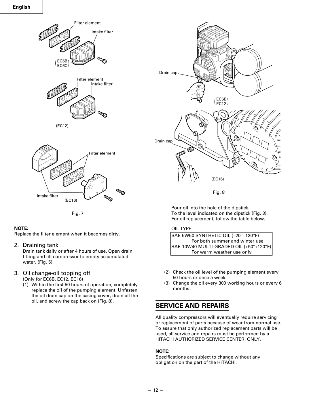 Hitachi EC 12, EC 16, EC 6B, EC 6C instruction manual Service and Repairs, Draining tank, Oil change-oil topping off 