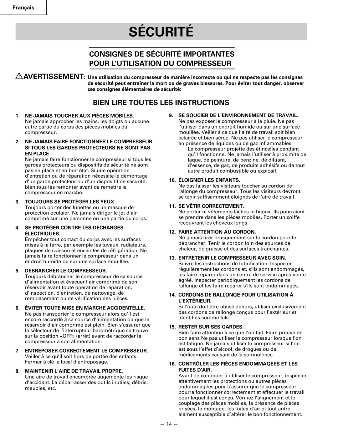 Hitachi EC 6B, EC 12, EC 16, EC 6C instruction manual Sécurité, Bien Lire Toutes LES Instructions 