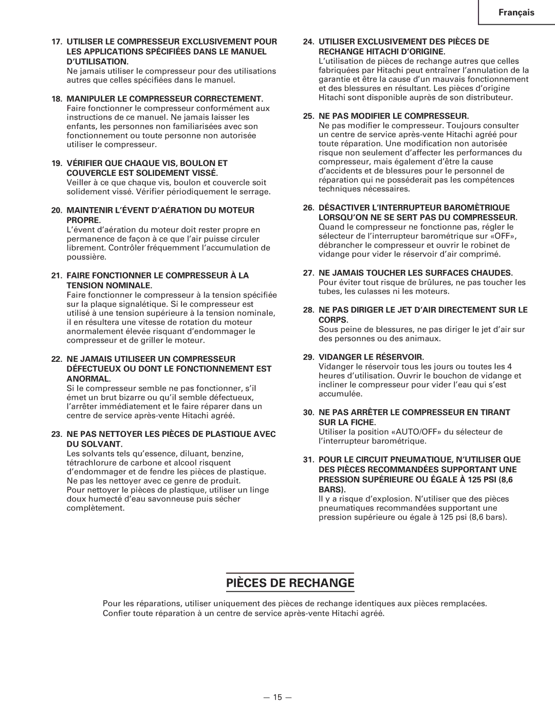 Hitachi EC 6C, EC 12, EC 16, EC 6B instruction manual Pièces DE Rechange 