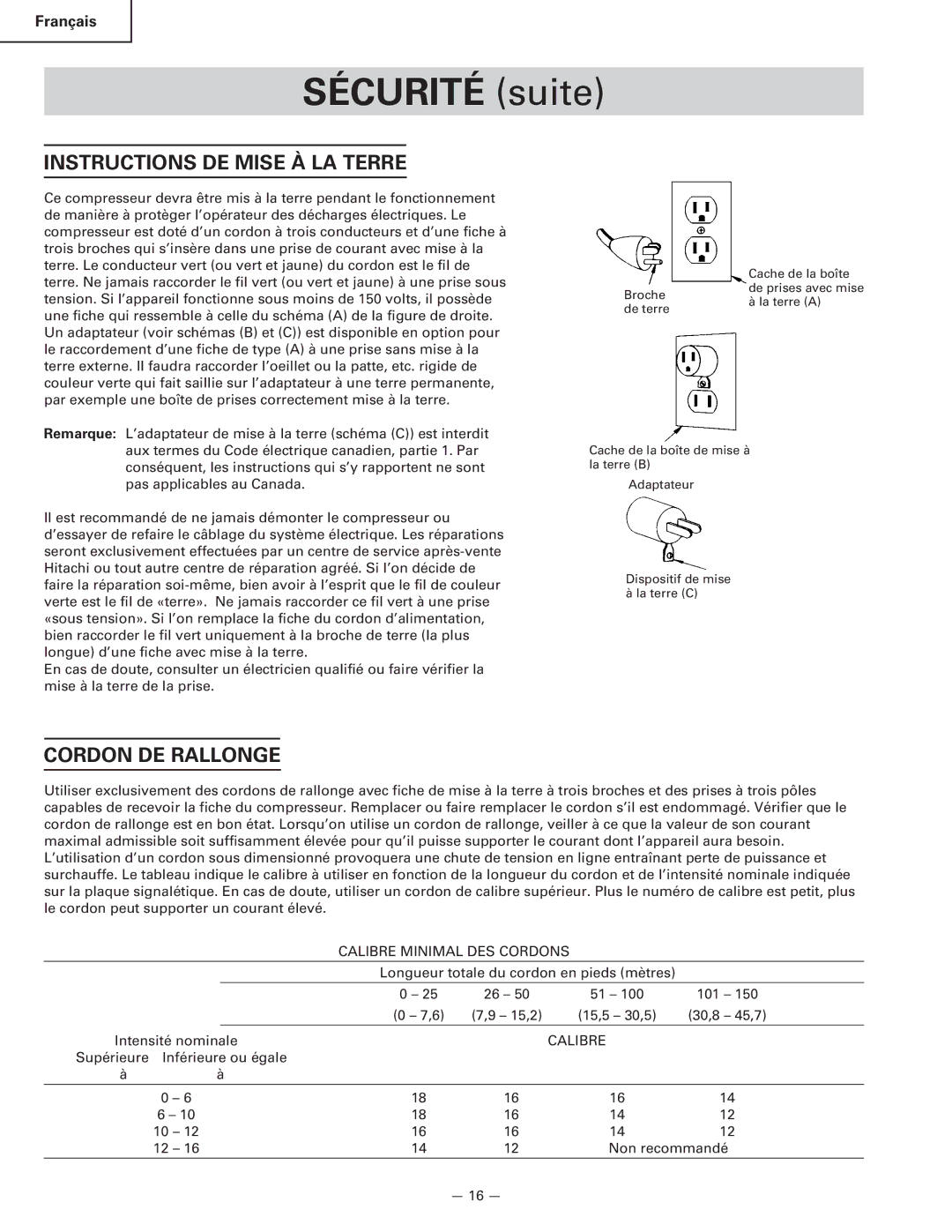 Hitachi EC 12, EC 16, EC 6B, EC 6C instruction manual Instructions DE Mise À LA Terre, Cordon DE Rallonge 