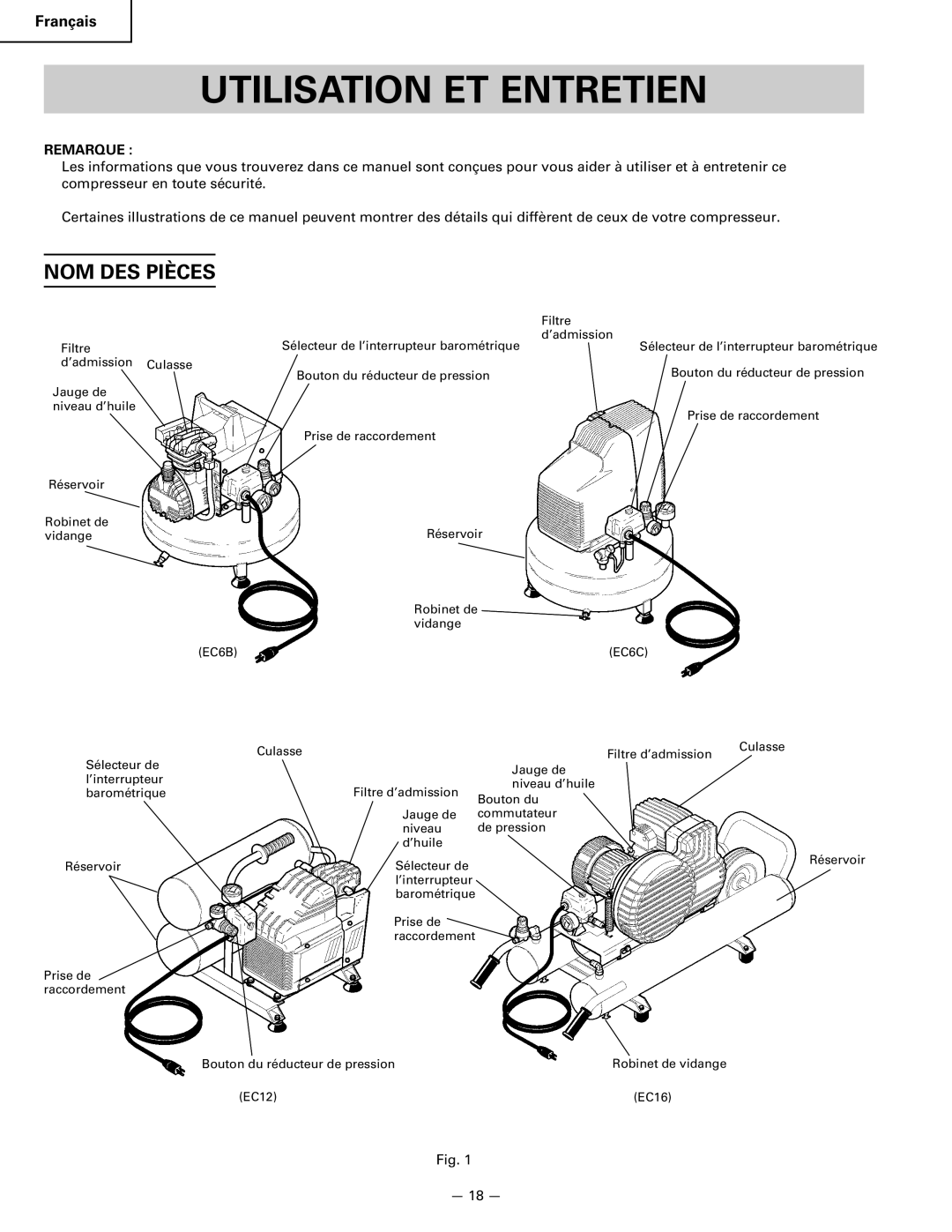 Hitachi EC 6B, EC 12, EC 16, EC 6C instruction manual Utilisation ET Entretien, NOM DES Pièces, Remarque 