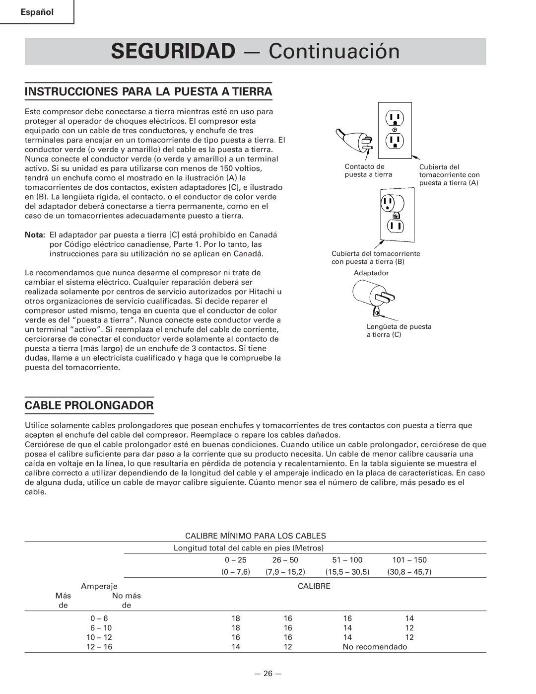 Hitachi EC 6B, EC 12, EC 16, EC 6C instruction manual Instrucciones Para LA Puesta a Tierra, Cable Prolongador 