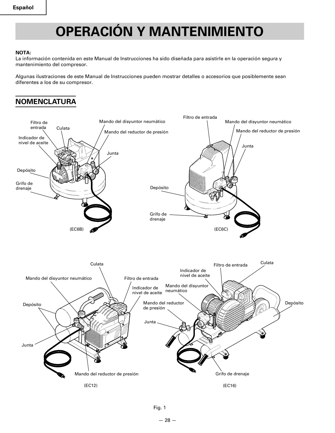 Hitachi EC 12, EC 16, EC 6B, EC 6C instruction manual Operación Y Mantenimiento, Nomenclatura, Nota 