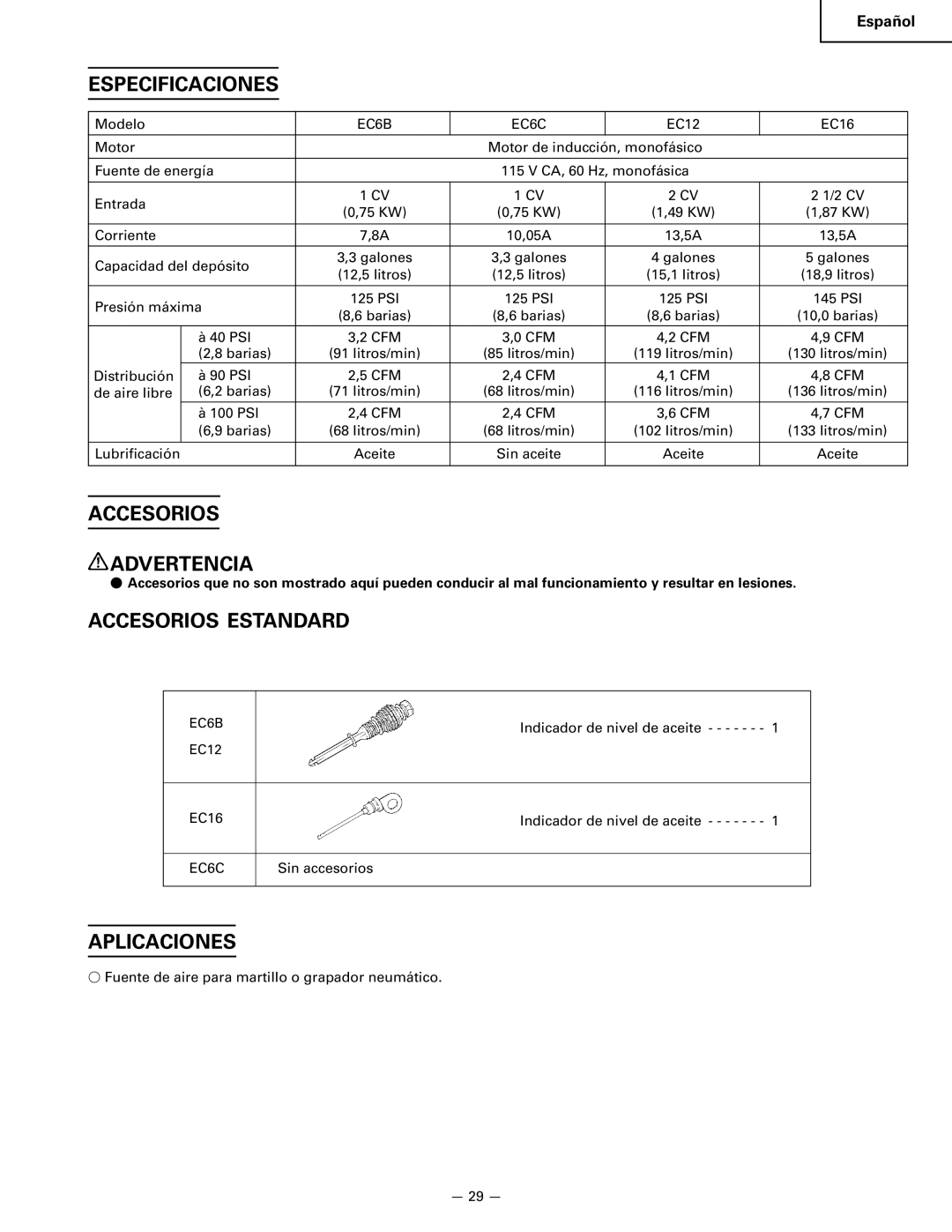 Hitachi EC 16, EC 12, EC 6B, EC 6C Especificaciones, Accesorios Advertencia, Accesorios Estandard, Aplicaciones 