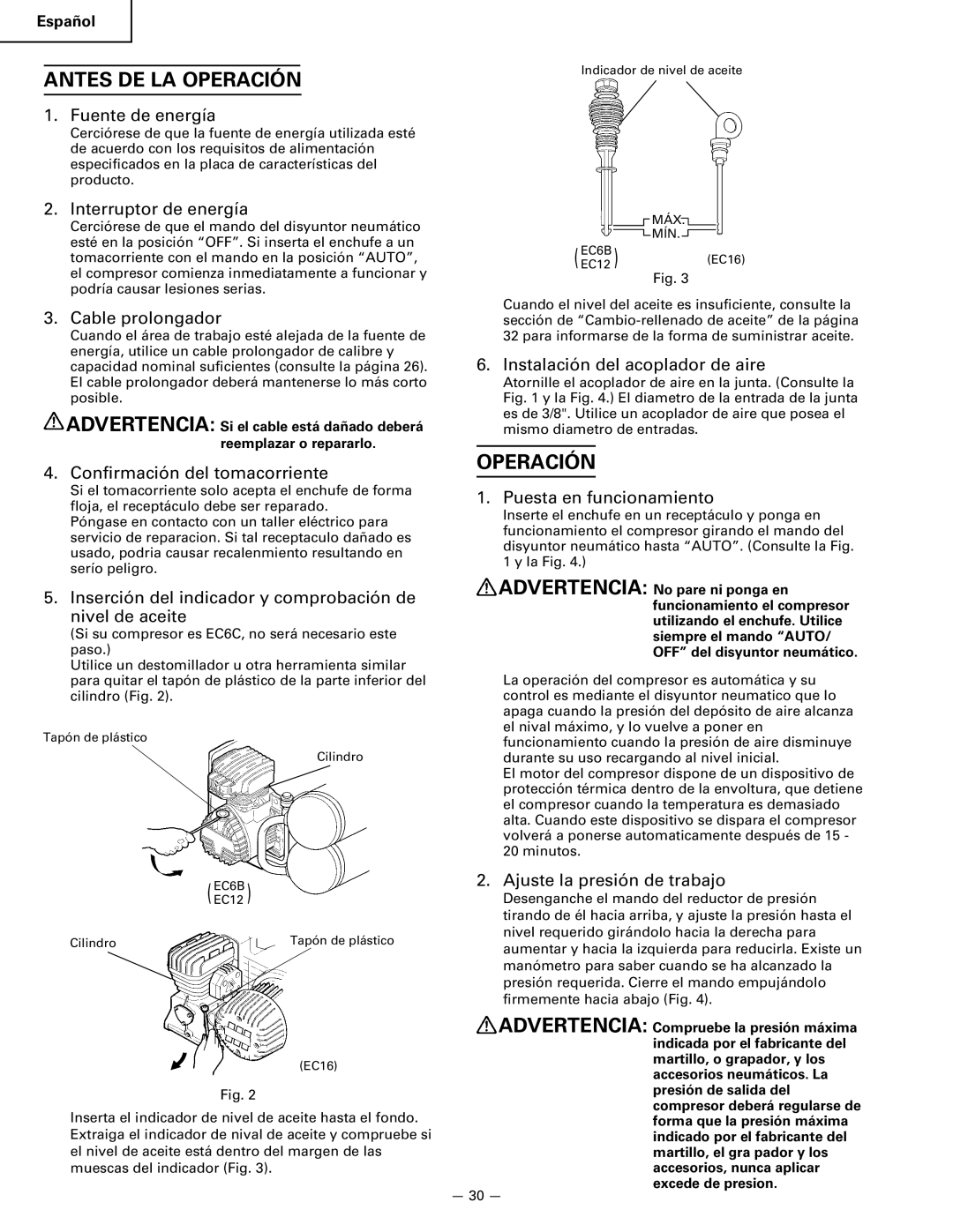 Hitachi EC 6B, EC 12, EC 16, EC 6C instruction manual Antes DE LA Operación 