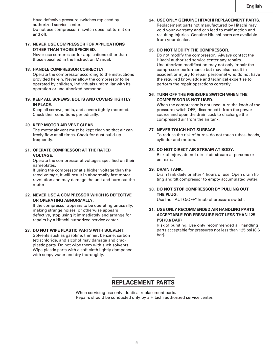 Hitachi EC 16, EC 12, EC 6B, EC 6C instruction manual Replacement Parts 