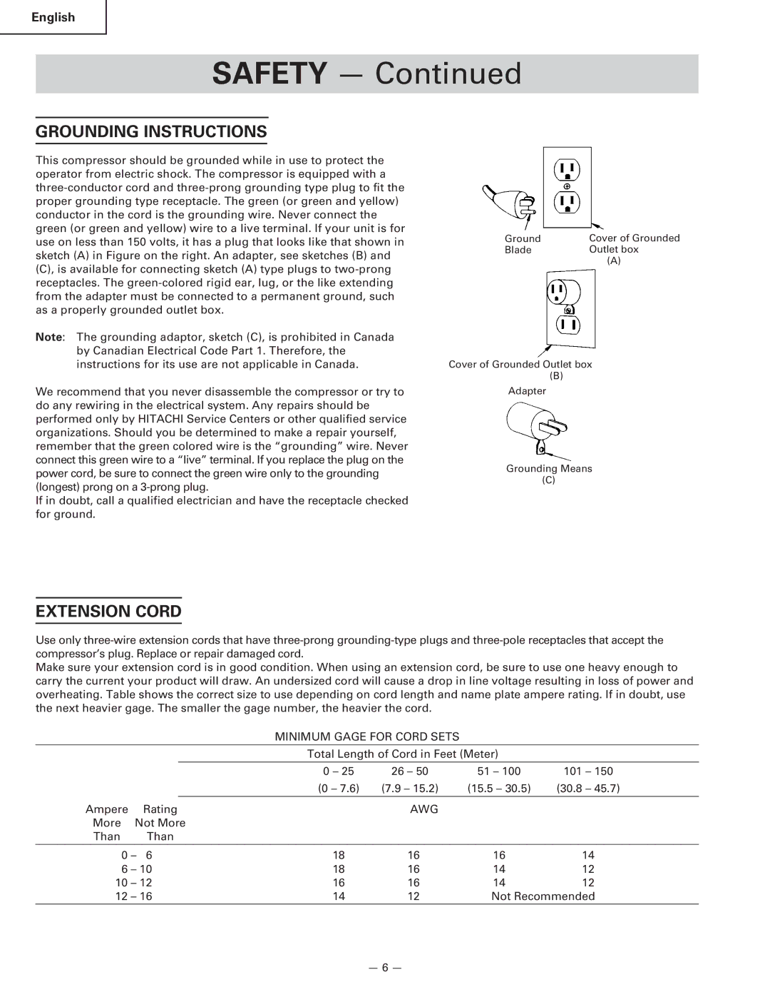 Hitachi EC 6B, EC 12, EC 16, EC 6C instruction manual Grounding Instructions, Extension Cord 