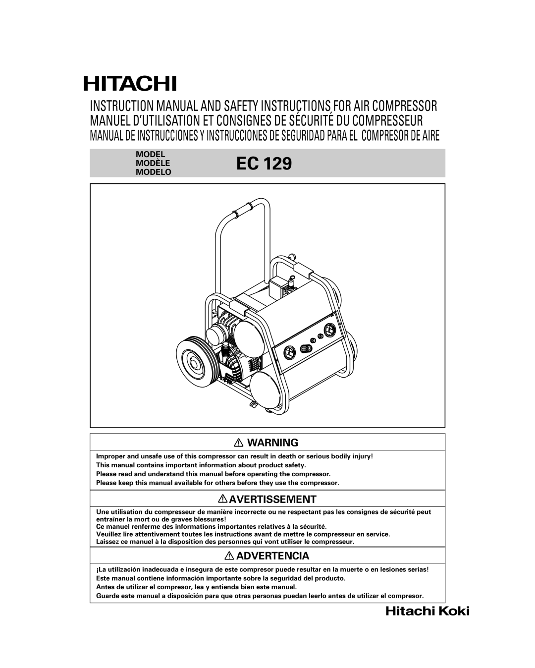 Hitachi EC 129 instruction manual Avertissement 