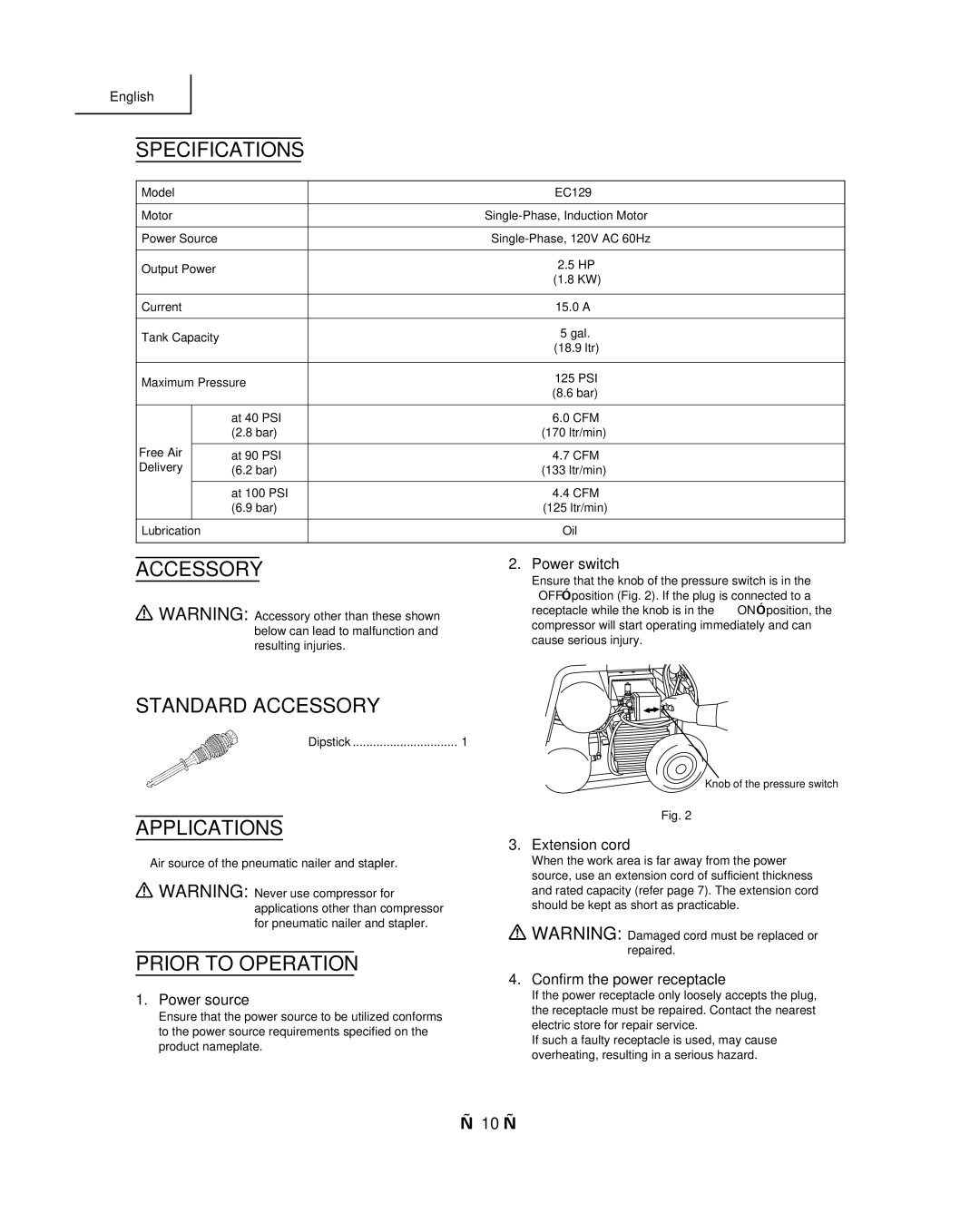 Hitachi EC 129 instruction manual Specifications, Standard Accessory, Applications, Prior to Operation 