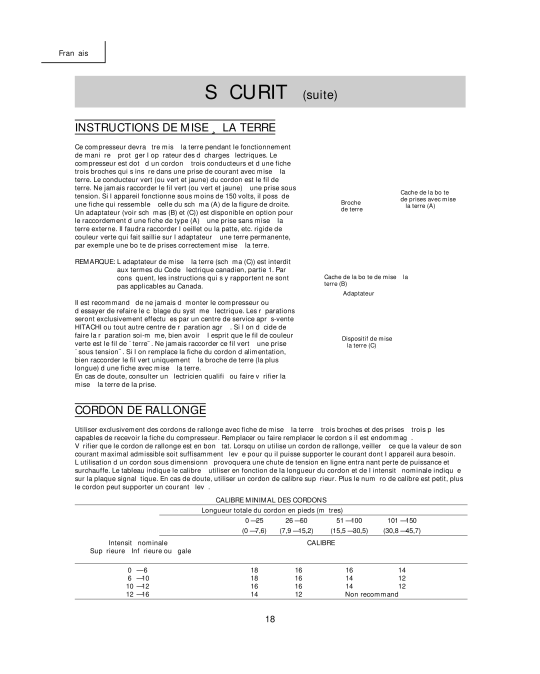 Hitachi EC 129 instruction manual Instructions DE Mise À LA Terre, Cordon DE Rallonge, 18 Ñ 