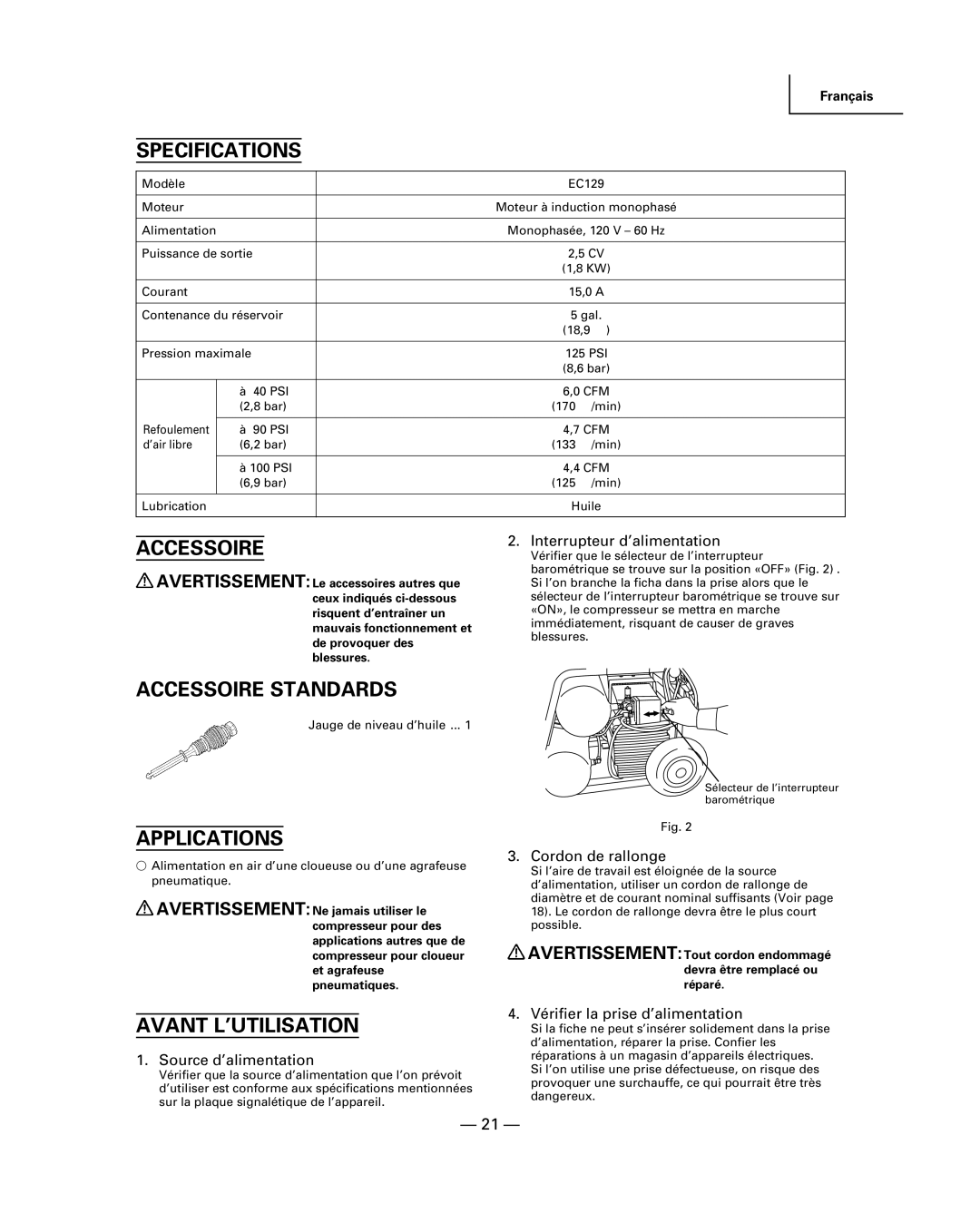 Hitachi EC 129 instruction manual Accessoire Standards, Avant L’UTILISATION, 21 Ñ 