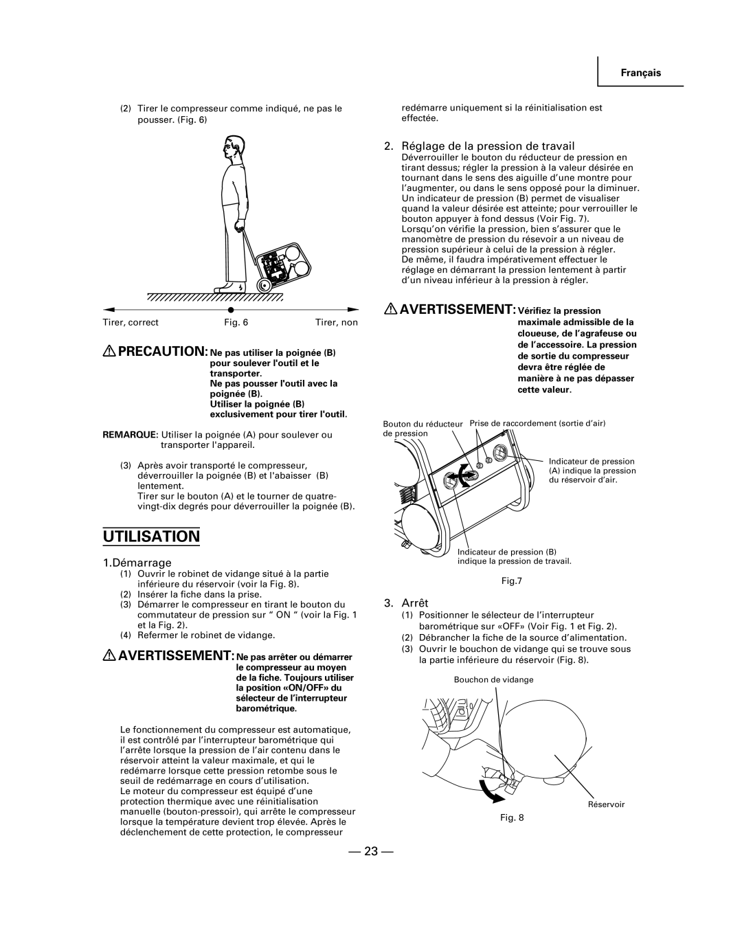 Hitachi EC 129 instruction manual Utilisation, 23 Ñ, DŽmarrage, RŽglage de la pression de travail, Arrt 