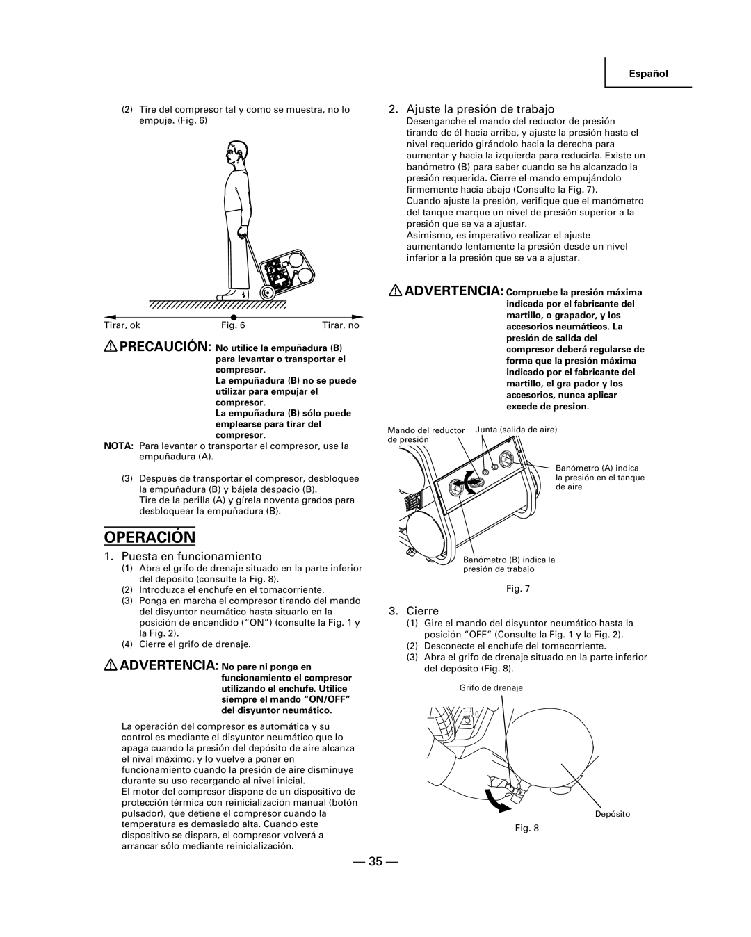 Hitachi EC 129 instruction manual Operación, 35 Ñ, Puesta en funcionamiento, Ajuste la presi-n de trabajo, Cierre 