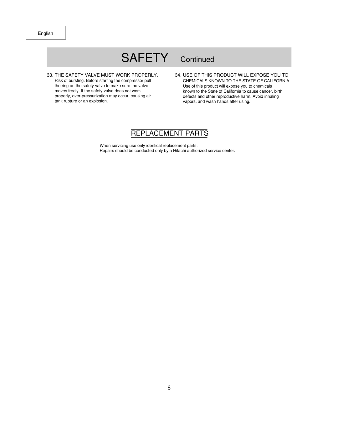 Hitachi EC 129 Replacement Parts, Safety Valve Must Work Properly, USE of this Product will Expose YOU to 