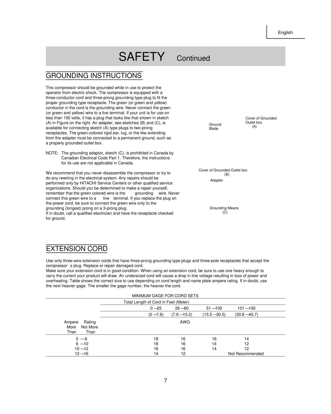 Hitachi EC 129 instruction manual Grounding Instructions, Extension Cord 