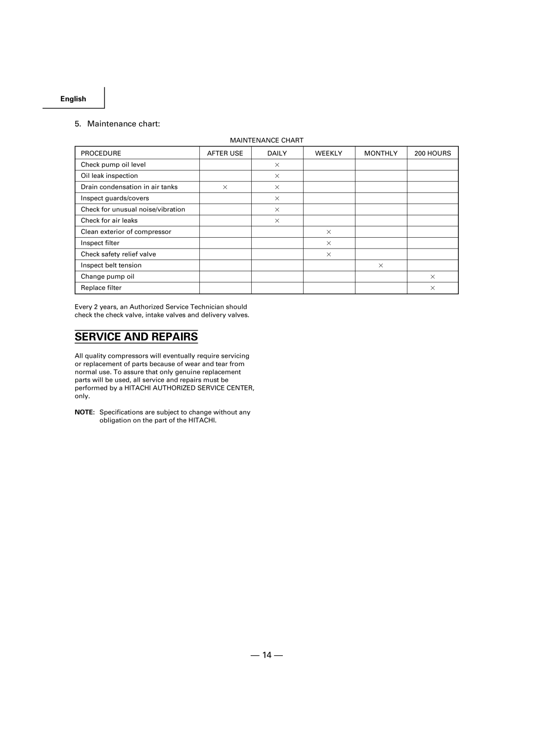 Hitachi EC 189 instruction manual Service and Repairs, Maintenance chart 