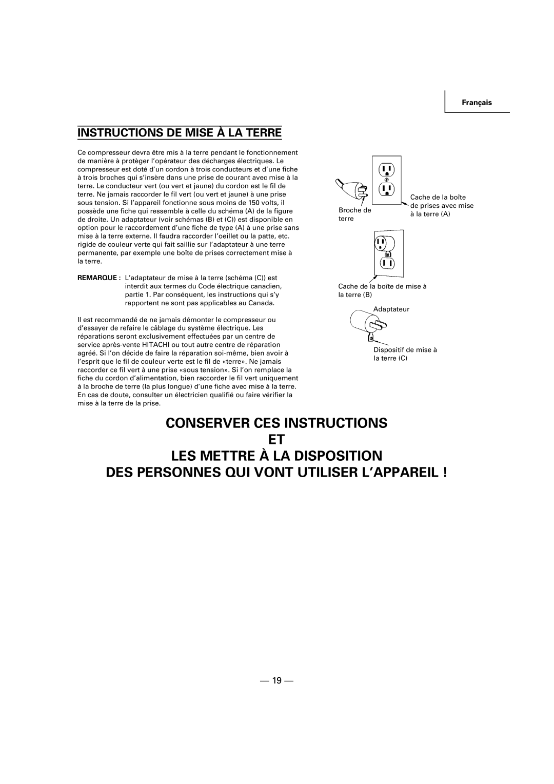 Hitachi EC 189 instruction manual Instructions DE Mise À LA Terre 