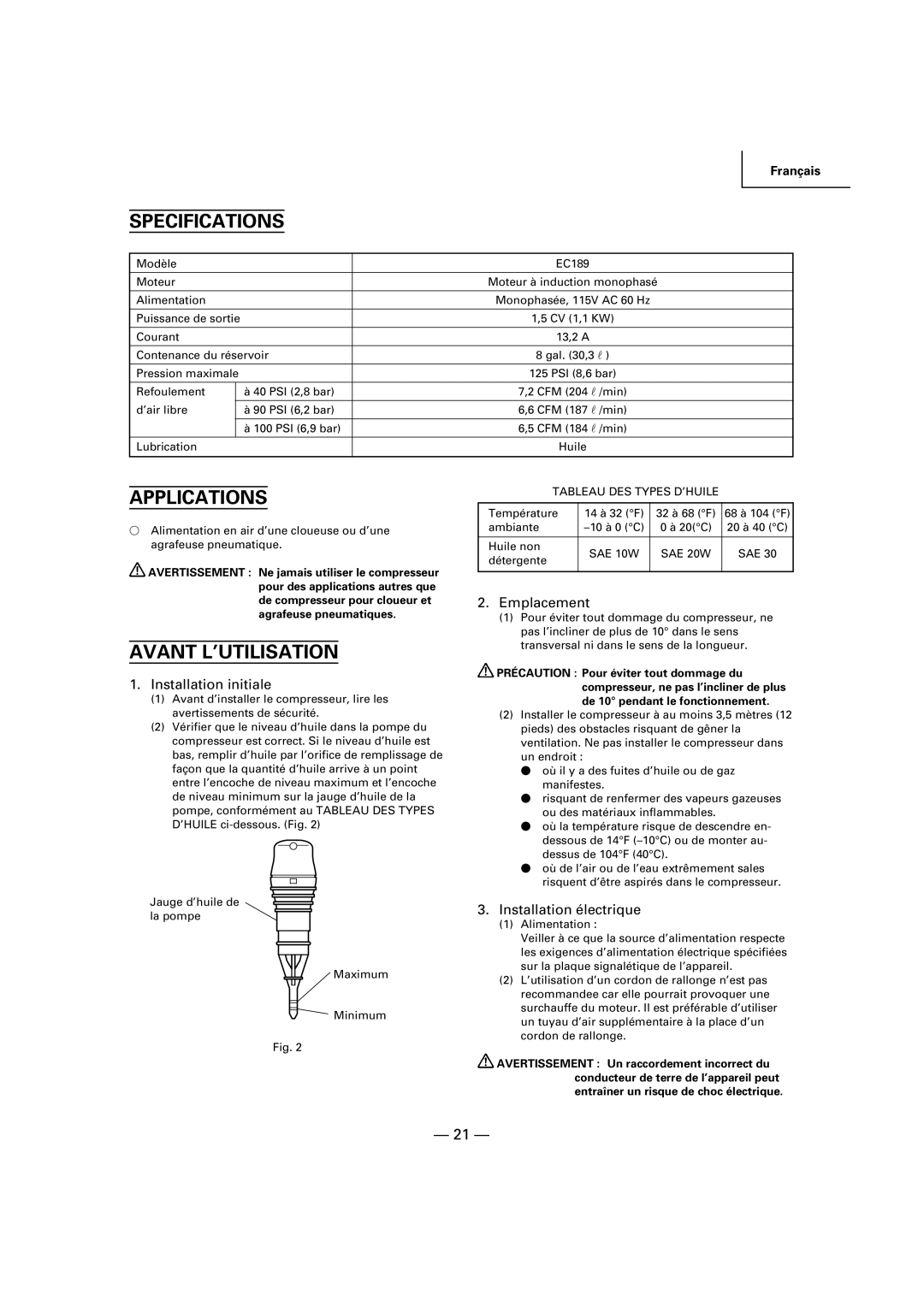 Hitachi EC 189 instruction manual Avant L’UTILISATION, Installation initiale, Emplacement, Installation électrique 