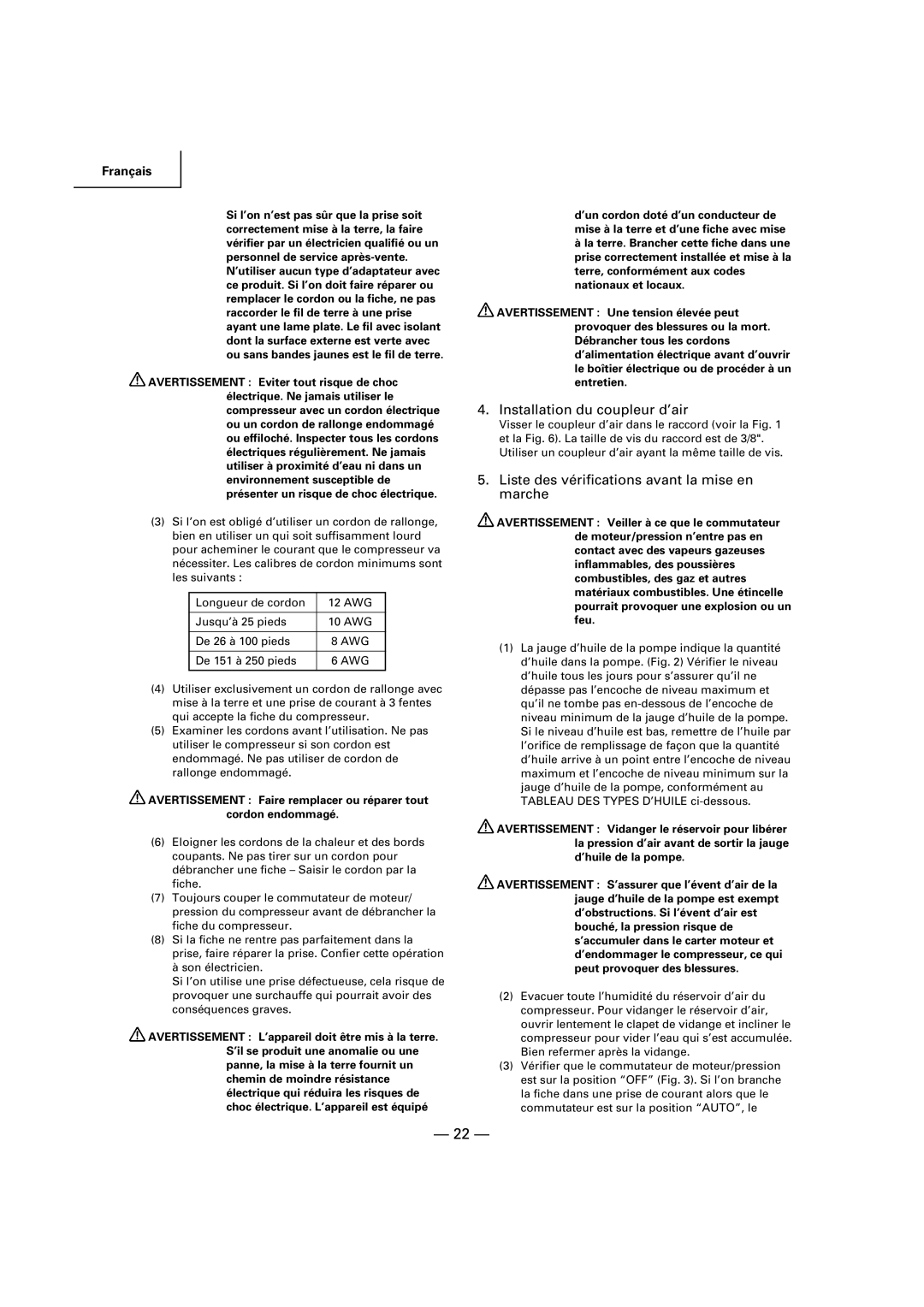 Hitachi EC 189 instruction manual Installation du coupleur d’air, Liste des vérifications avant la mise en marche 