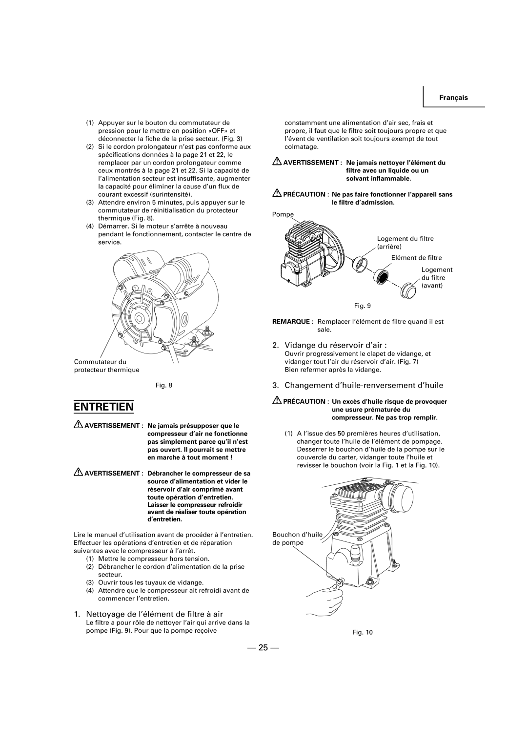 Hitachi EC 189 instruction manual Entretien, Nettoyage de l’élément de filtre à air, Vidange du réservoir d’air 