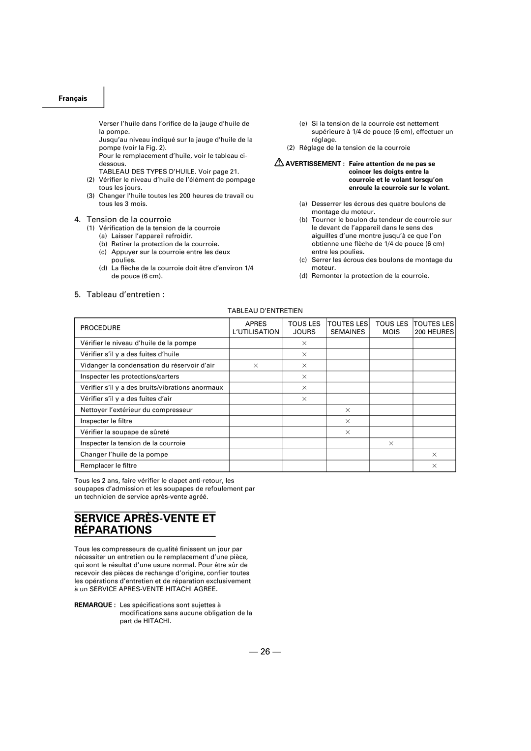 Hitachi EC 189 instruction manual Service APRÈS-VENTE ET Réparations, Tension de la courroie, Tableau d’entretien 