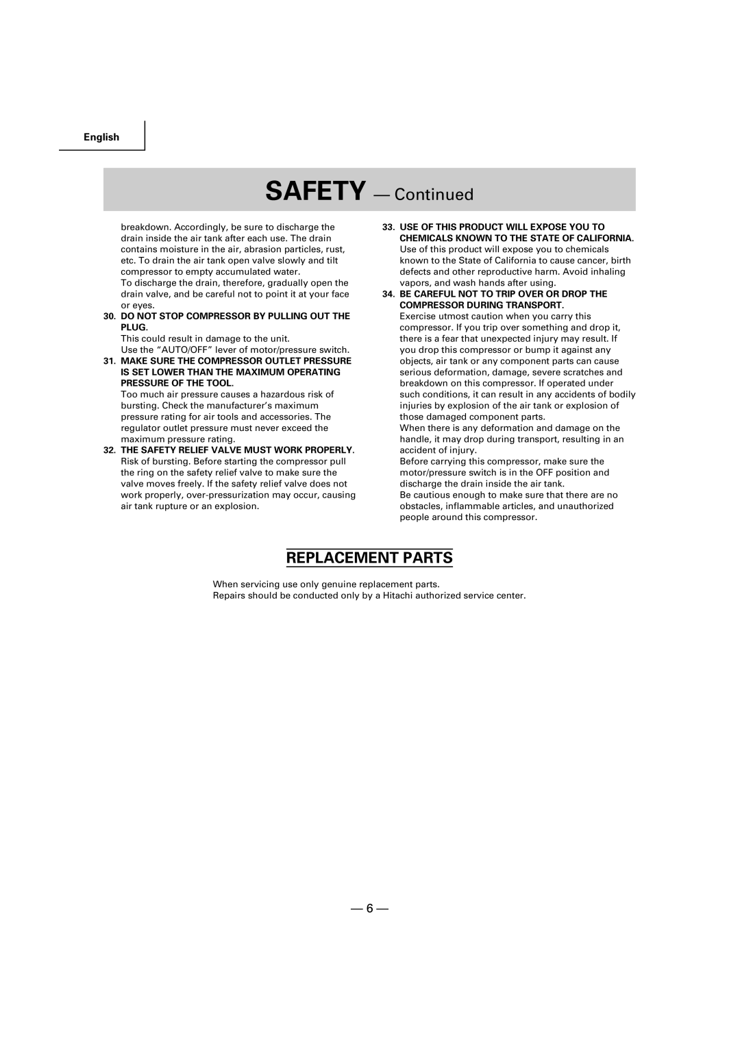 Hitachi EC 189 instruction manual Replacement Parts, Do not Stop Compressor by Pulling OUT the Plug 