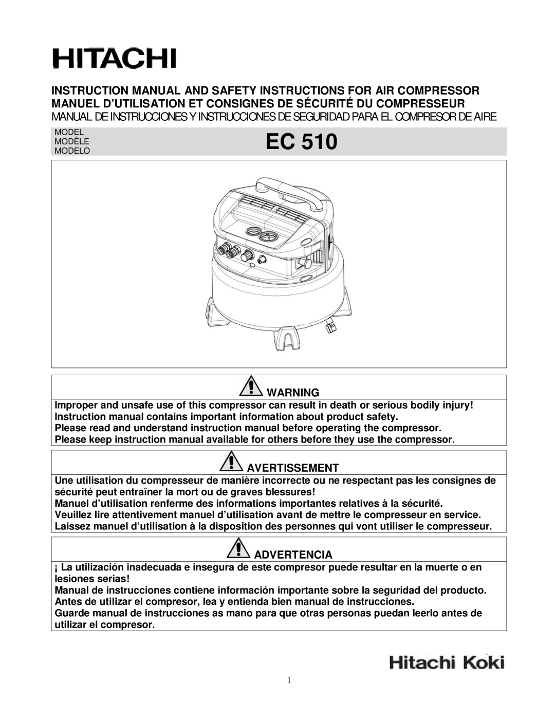 Hitachi EC 510 instruction manual Avertissement, Advertencia 