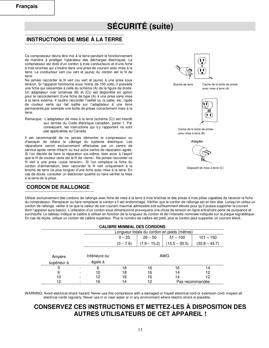 Hitachi EC 510 instruction manual Instructions DE Mise À LA Terre, Cordon DE Rallonge, Calibre Minimal DES Cordons 