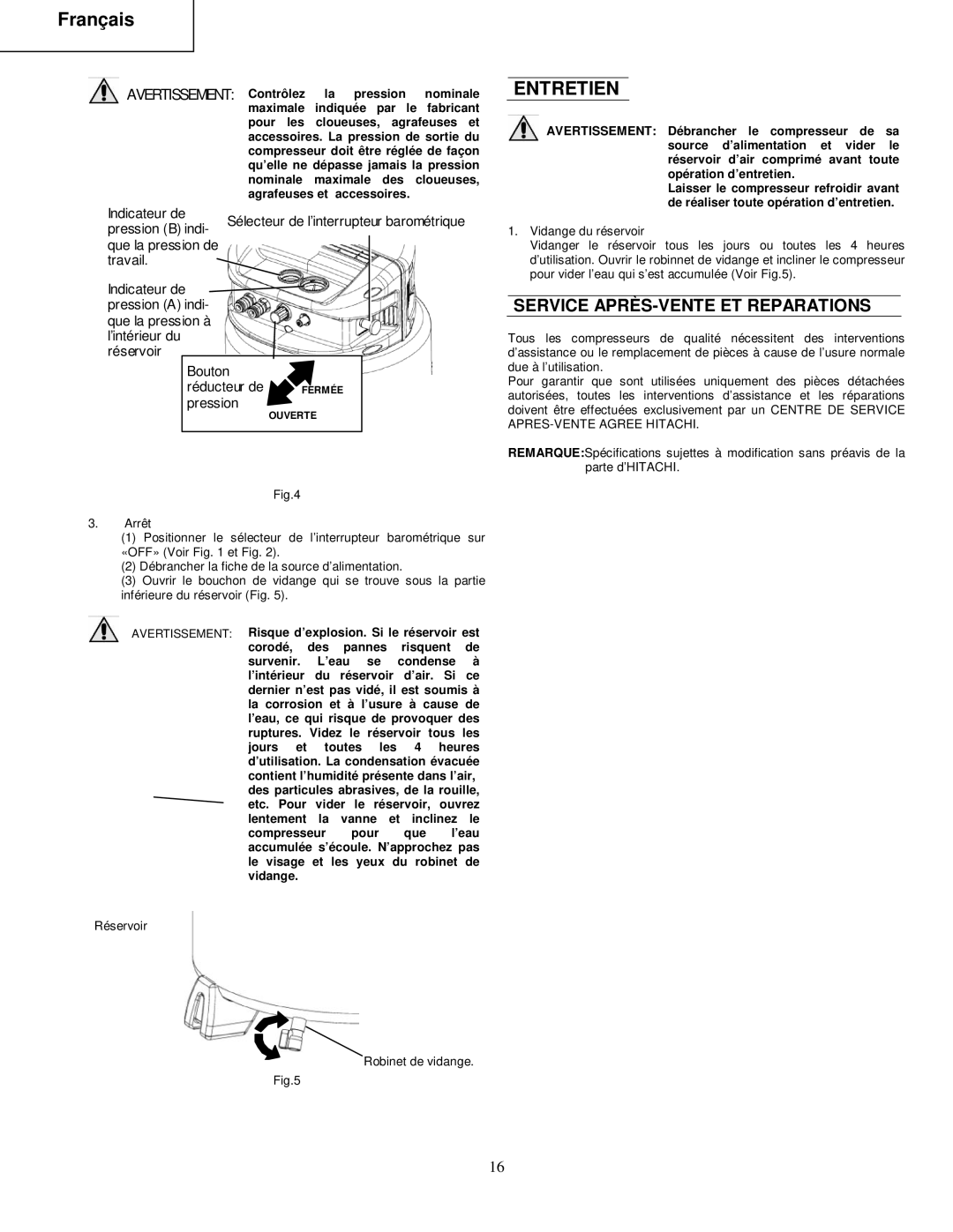 Hitachi EC 510 instruction manual Entretien, Pression 