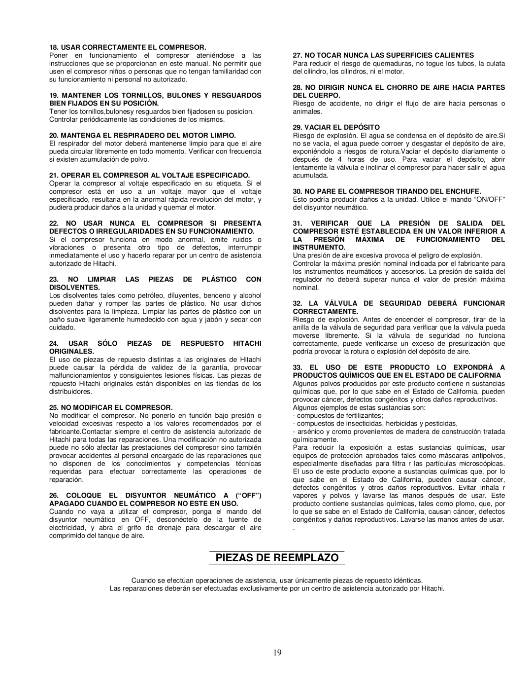 Hitachi EC 510 instruction manual Piezas DE Reemplazo 