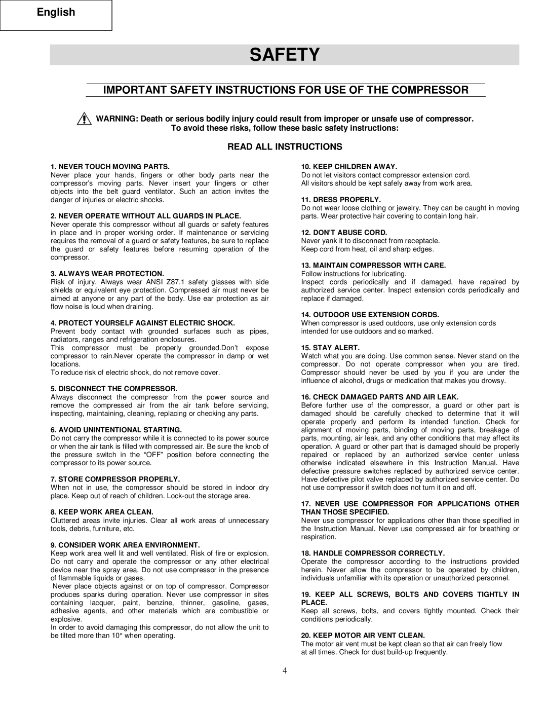 Hitachi EC 510 instruction manual Important Safety Instructions for USE of the Compressor 