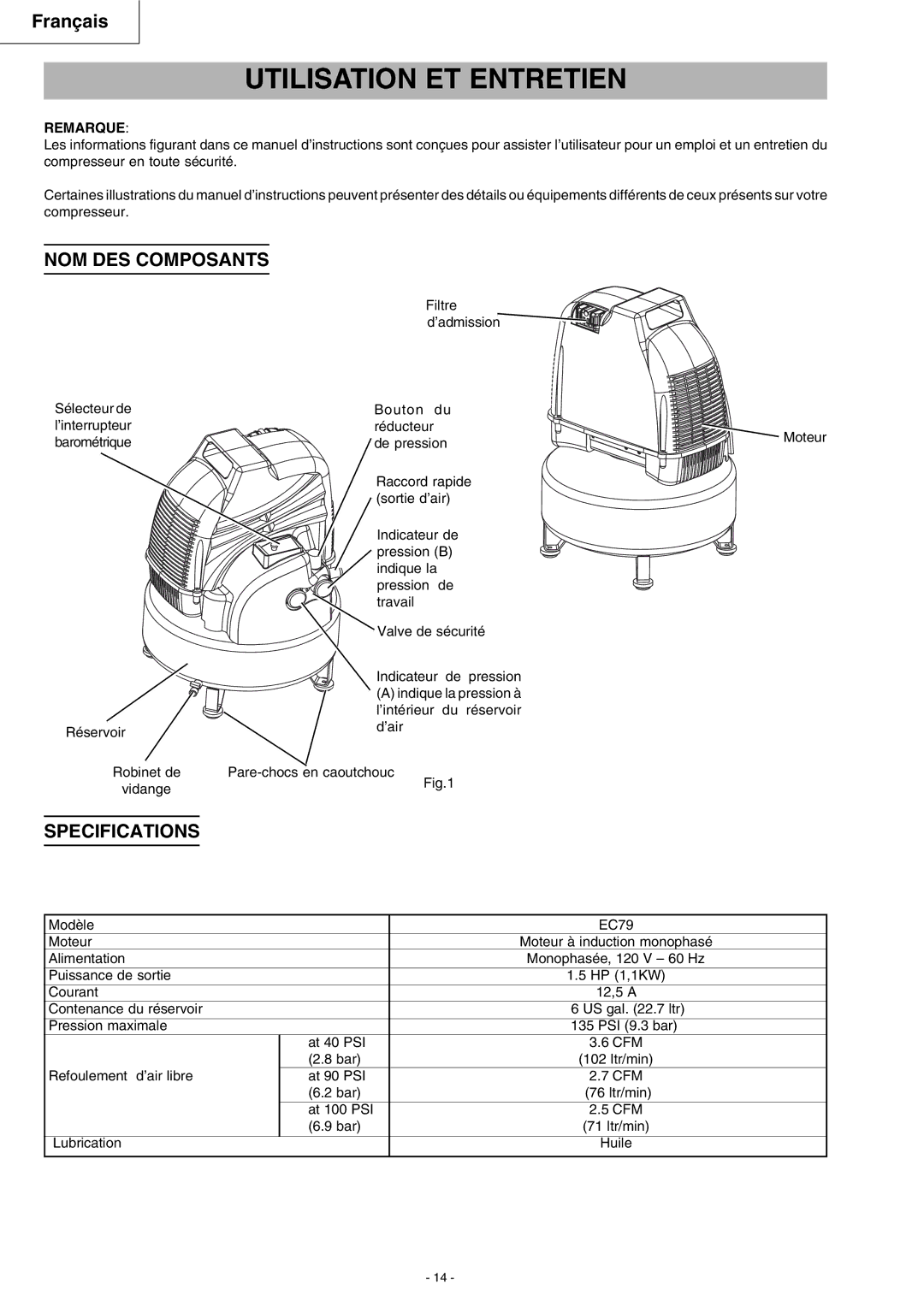 Hitachi EC 79 instruction manual Utilisation ET Entretien, NOM DES Composants, Remarque 