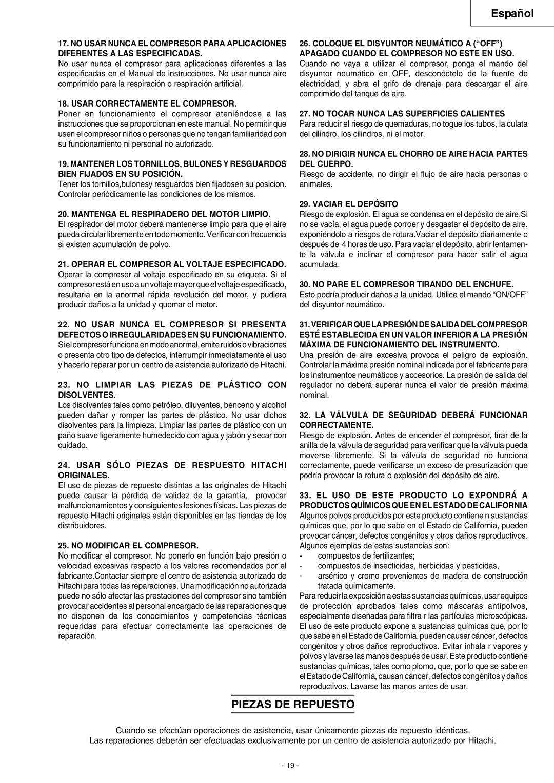 Hitachi EC 79 instruction manual Piezas DE Repuesto 