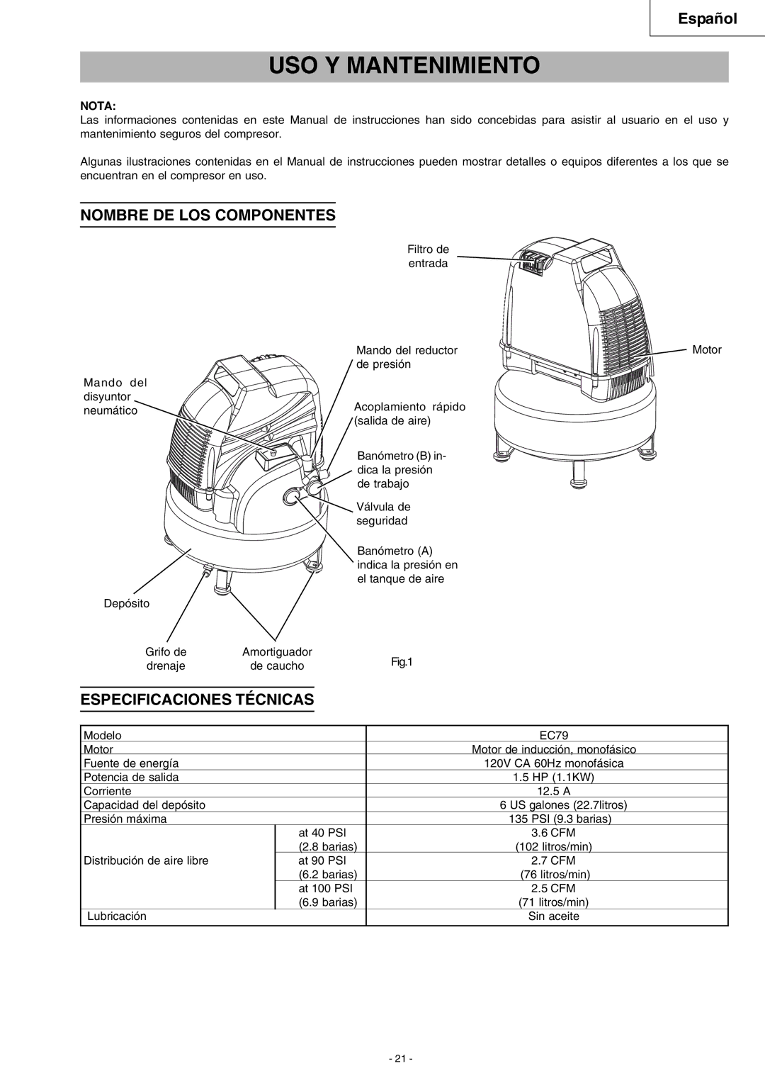 Hitachi EC 79 instruction manual USO Y Mantenimiento, Nombre DE LOS Componentes, Especificaciones Técnicas 