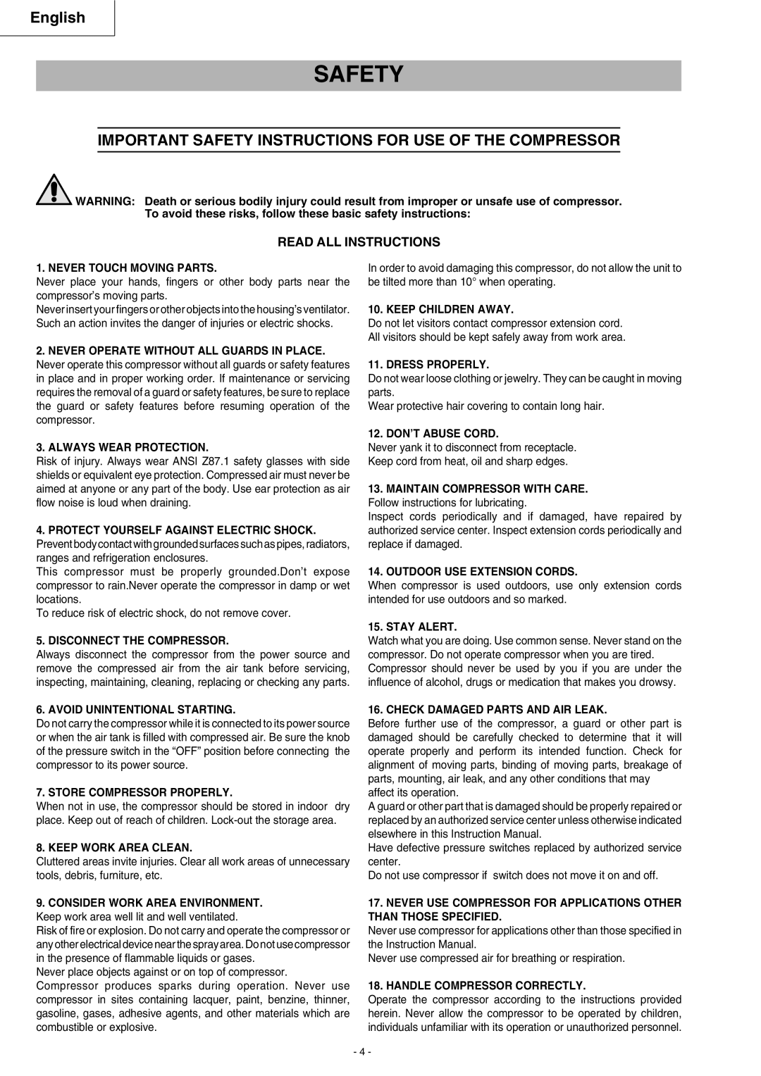 Hitachi EC 79 instruction manual Important Safety Instructions for USE of the Compressor 