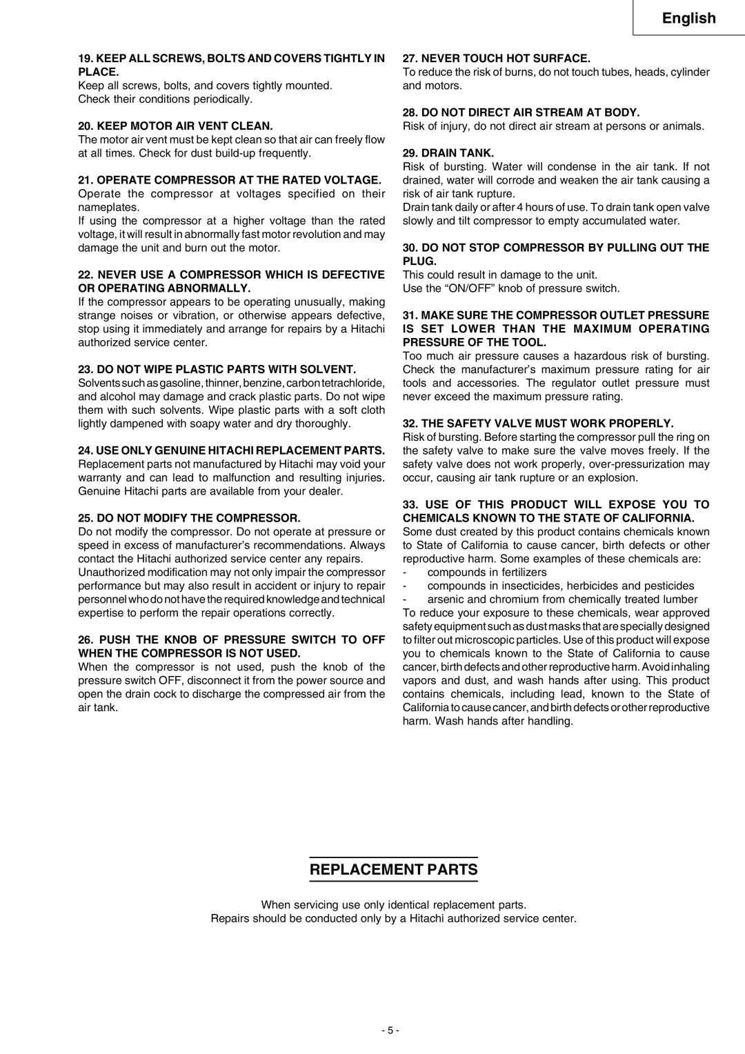 Hitachi EC 79 instruction manual Replacement Parts 