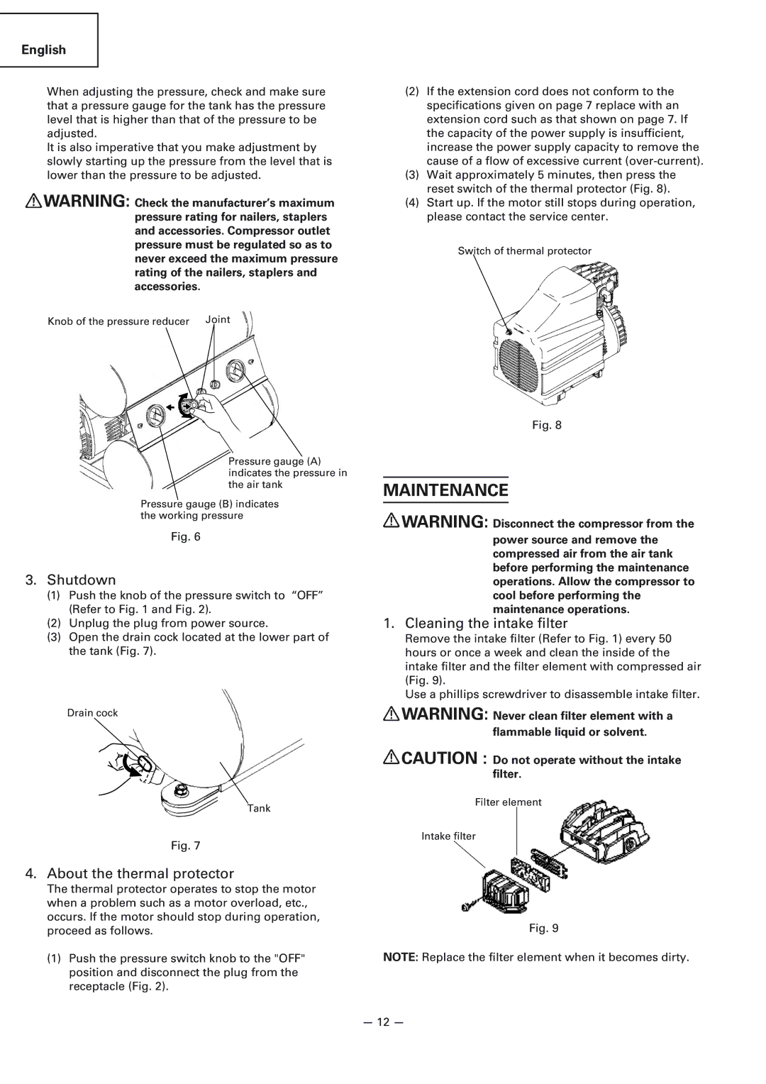 Hitachi EC119 OM instruction manual Maintenance, Shutdown, About the thermal protector, Cleaning the intake filter 