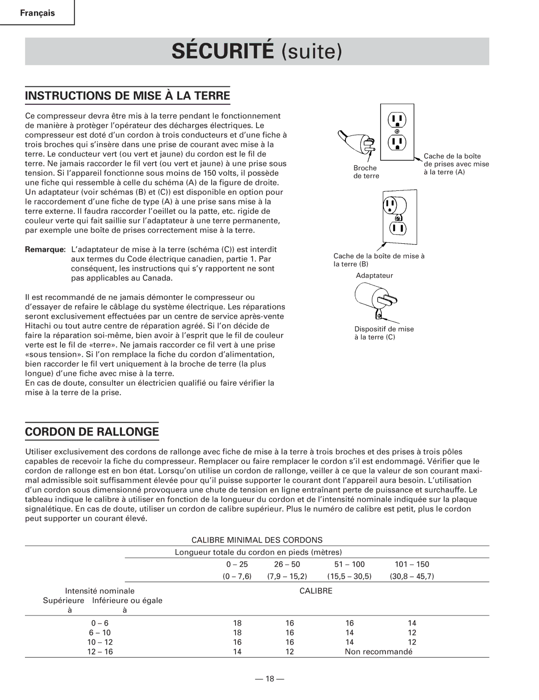 Hitachi EC119 OM instruction manual Instructions DE Mise À LA Terre, Cordon DE Rallonge 