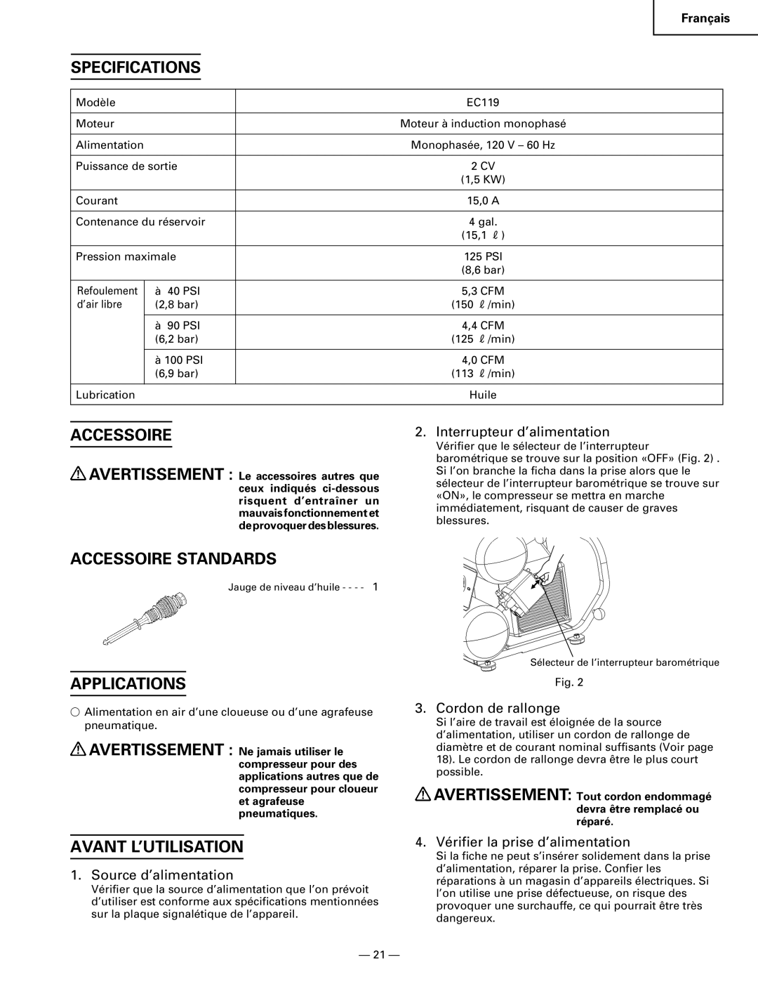 Hitachi EC119 OM instruction manual Accessoire Avertissement, Accessoire Standards, Avant L’UTILISATION 