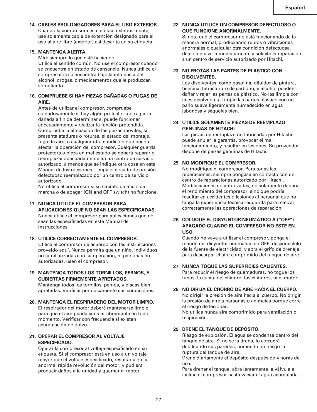 Hitachi EC119 OM Mantenga Alerta, Compruebe SI HAY Piezas Dañadas O Fugas DE Aire, Utilice Correctamente EL Compresor 