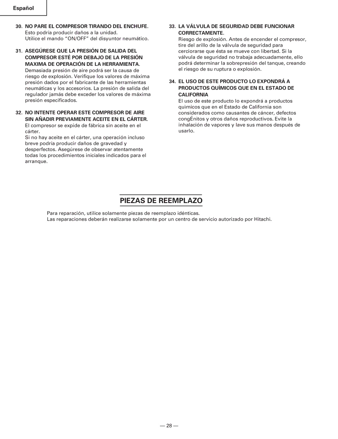 Hitachi EC119 OM instruction manual Piezas DE Reemplazo, LA Válvula DE Seguridad Debe Funcionar Correctamente 