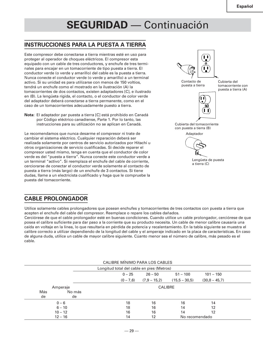 Hitachi EC119 OM instruction manual Instrucciones Para LA Puesta a Tierra, Cable Prolongador 